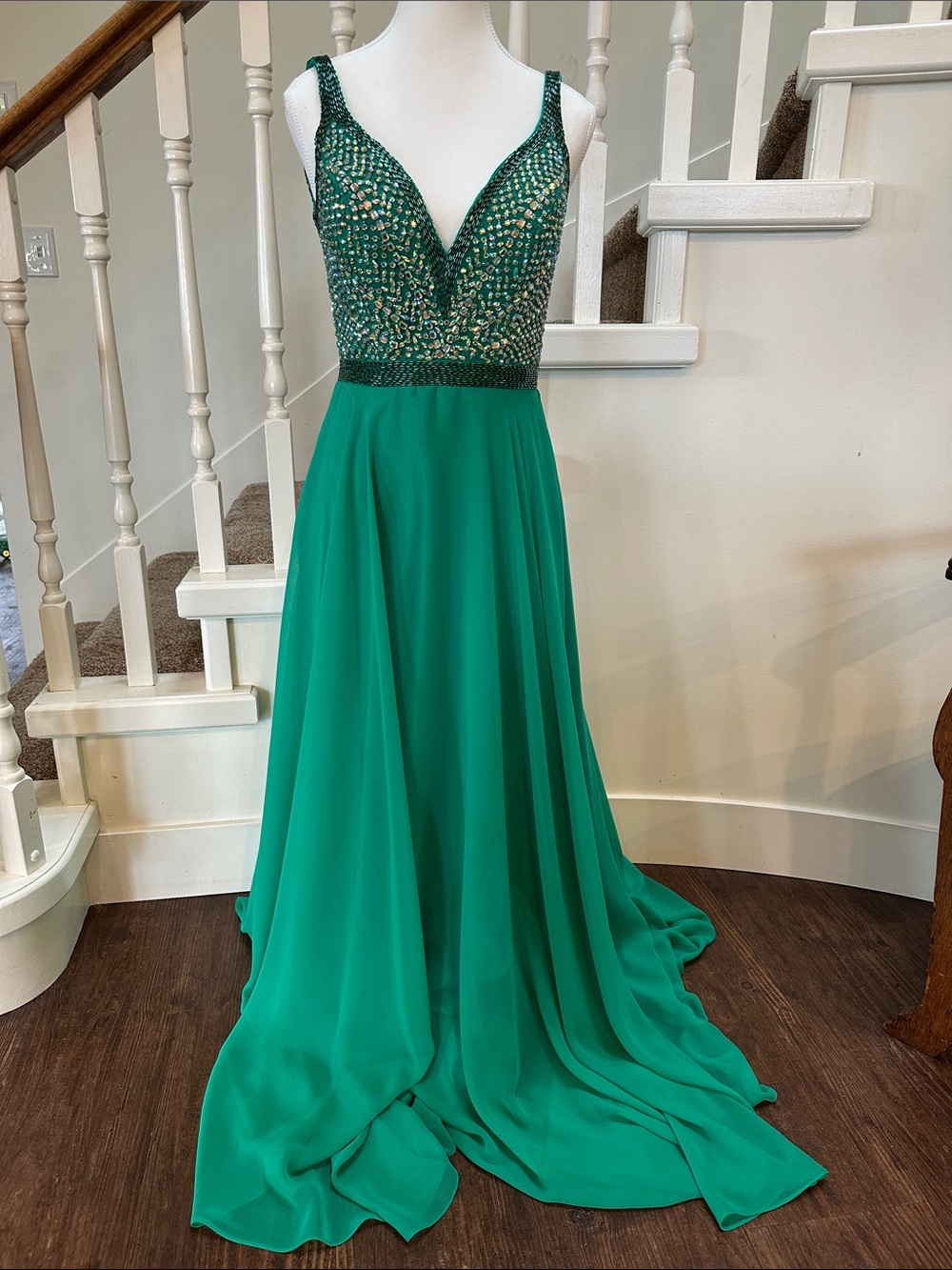Angela & Alison Emerald Green Beaded V-Neck Prom Gown